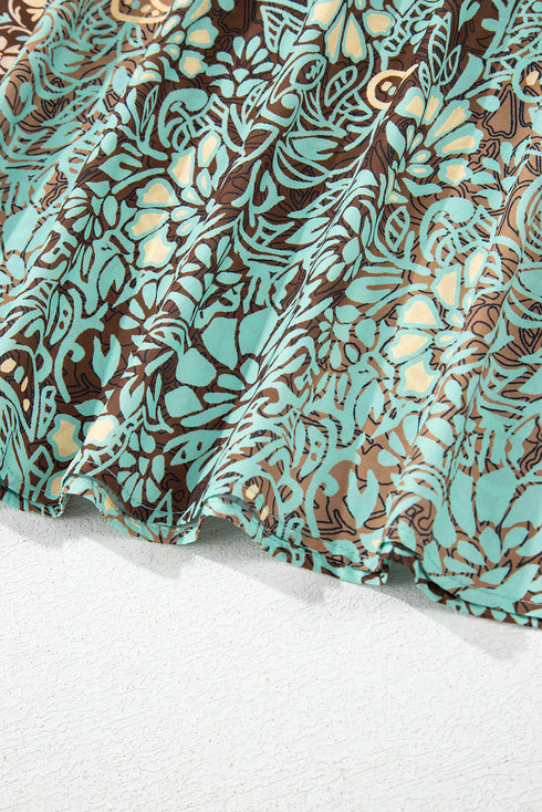 Green Floral Print V Neck Ruffled Trim Backless Tassel Waist Maxi Dress