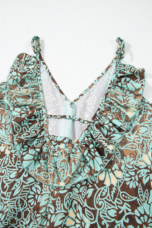 Green Floral Print V Neck Ruffled Trim Backless Tassel Waist Maxi Dress