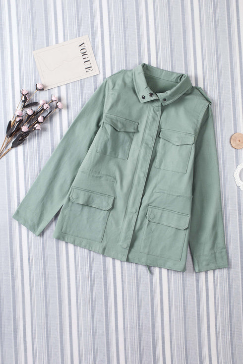 Green Four Pockets Zipper Closure Jacket