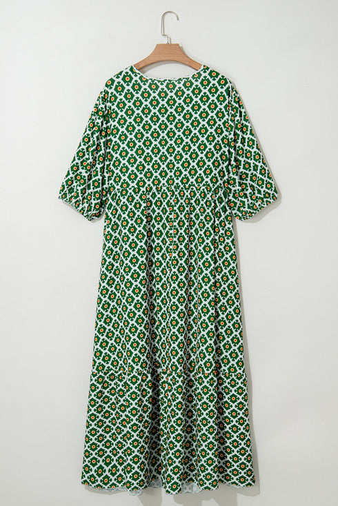 Green Geometric Floral Print Half Sleeve Plus Size Maxi Dress