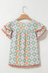 Green Geometric Floral Print Layered Flutter Sleeve V Neck Ric Rac Trim Blouse