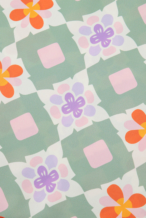 Green Geometric Floral Print Layered Flutter Sleeve V Neck Ric Rac Trim Blouse