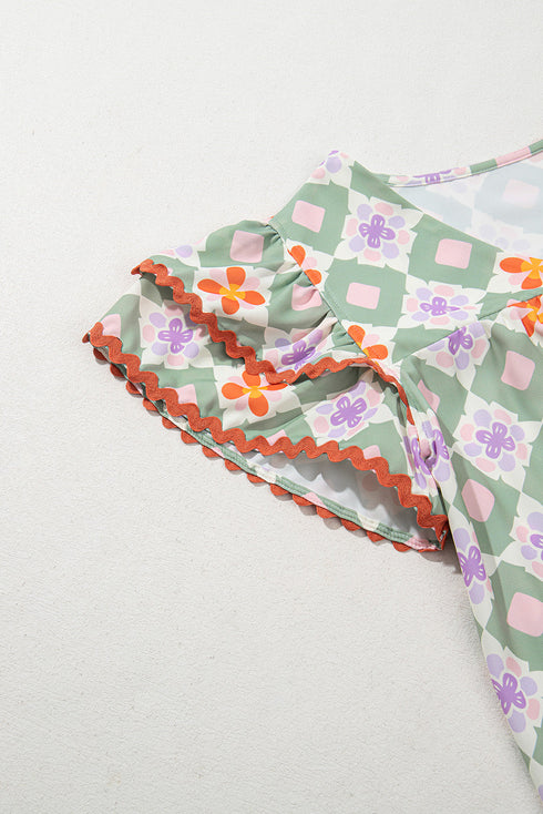 Green Geometric Floral Print Layered Flutter Sleeve V Neck Ric Rac Trim Blouse