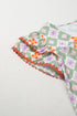 Green Geometric Floral Print Layered Flutter Sleeve V Neck Ric Rac Trim Blouse