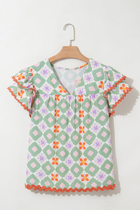 Green Geometric Floral Print Layered Flutter Sleeve V Neck Ric Rac Trim Blouse