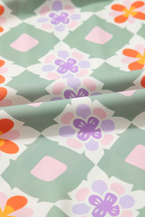 Green Geometric Floral Print Layered Flutter Sleeve V Neck Ric Rac Trim Blouse