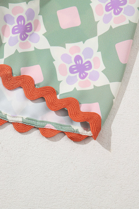 Green Geometric Floral Print Layered Flutter Sleeve V Neck Ric Rac Trim Blouse