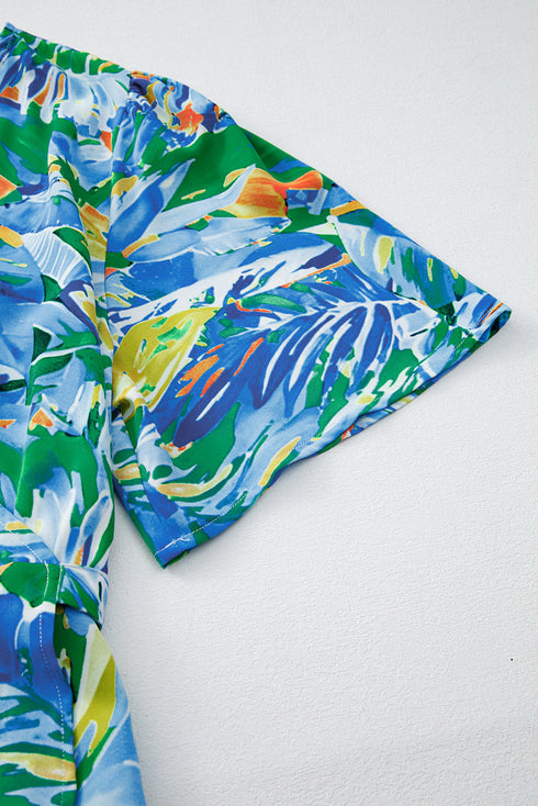 Green Leaves Print Short Sleeve Surplice Neck Ruffled Trim Plus Size Maxi Dress