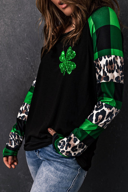Green Leopard Printed Plaid Splicing Blouse