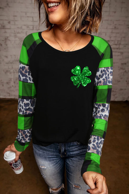 Green Leopard Printed Plaid Splicing Blouse