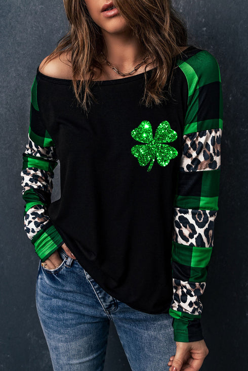 Green Leopard Printed Plaid Splicing Blouse