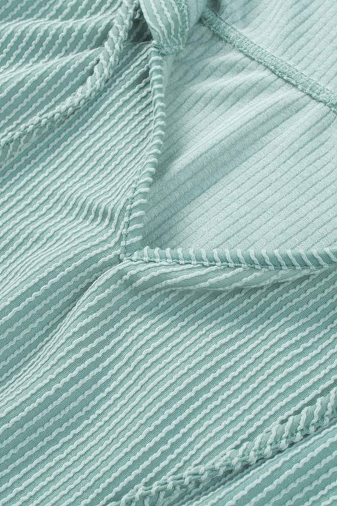 Green Loose Fit Ribbed V Neck Hoodie