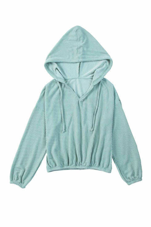 Green Loose Fit Ribbed V Neck Hoodie