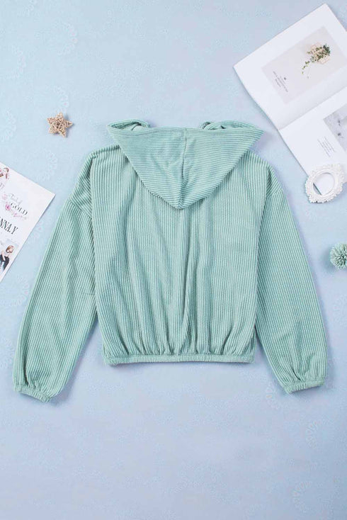 Green Loose Fit Ribbed V Neck Hoodie