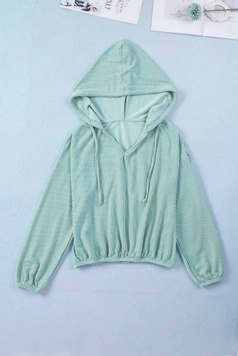 Green Loose Fit Ribbed V Neck Hoodie