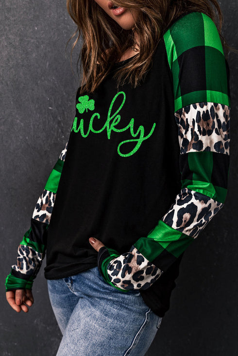 Green Lucky Clover Glitter Pattern Leopard Plaid Splicing Top