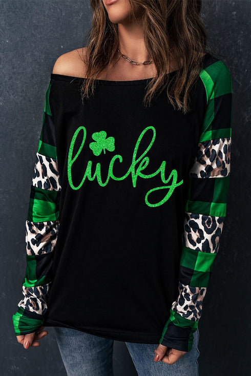 Green Lucky Clover Glitter Pattern Leopard Plaid Splicing Top