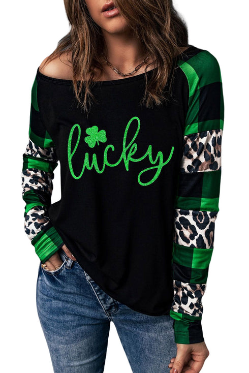 Green Lucky Clover Glitter Pattern Leopard Plaid Splicing Top