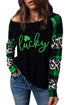 Green Lucky Clover Glitter Pattern Leopard Plaid Splicing Top