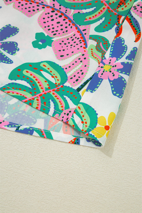 Green Plant Print Loose Fit Puff Sleeve Square Neck Blouse