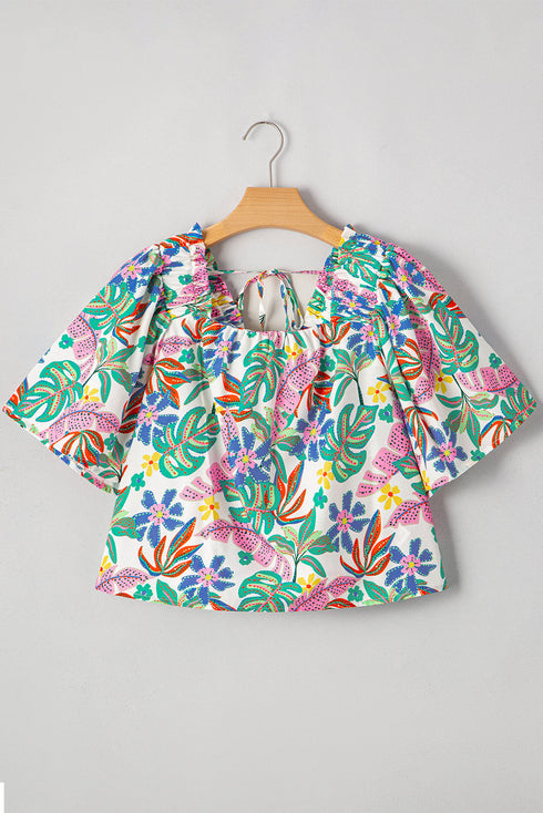 Green Plant Print Loose Fit Puff Sleeve Square Neck Blouse