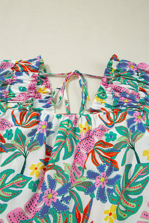 Green Plant Print Loose Fit Puff Sleeve Square Neck Blouse