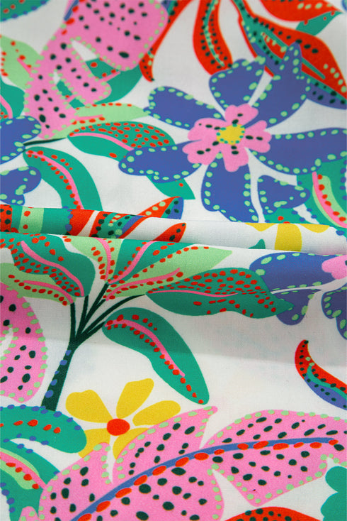 Green Plant Print Loose Fit Puff Sleeve Square Neck Blouse