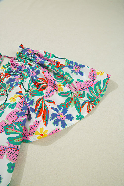 Green Plant Print Loose Fit Puff Sleeve Square Neck Blouse