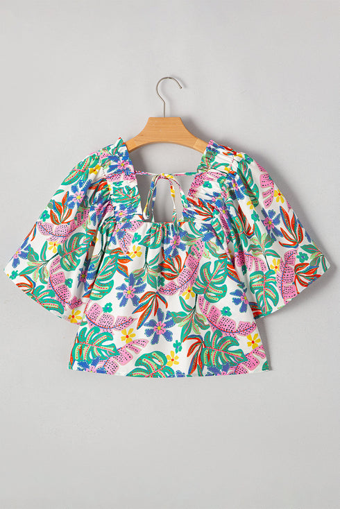 Green Plant Print Loose Fit Puff Sleeve Square Neck Blouse