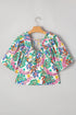 Green Plant Print Loose Fit Puff Sleeve Square Neck Blouse