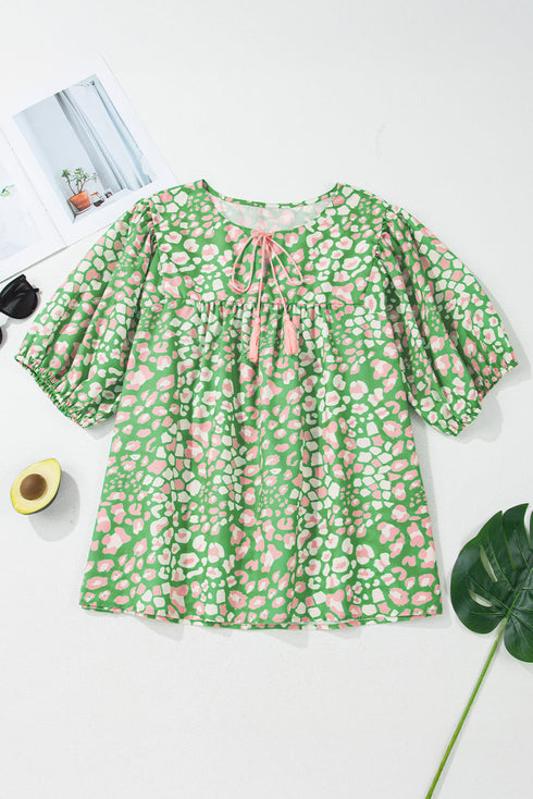 Green Plus Size Floral Tassel Tie Split Neck Puff Sleeve Blouse