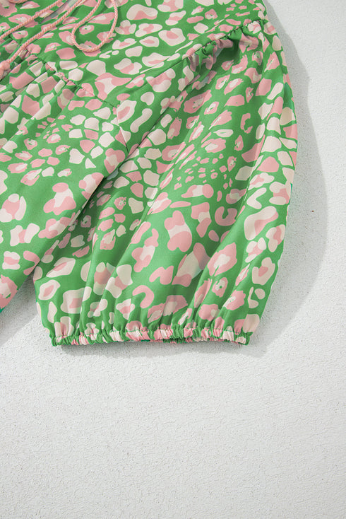 Green Plus Size Floral Tassel Tie Split Neck Puff Sleeve Blouse