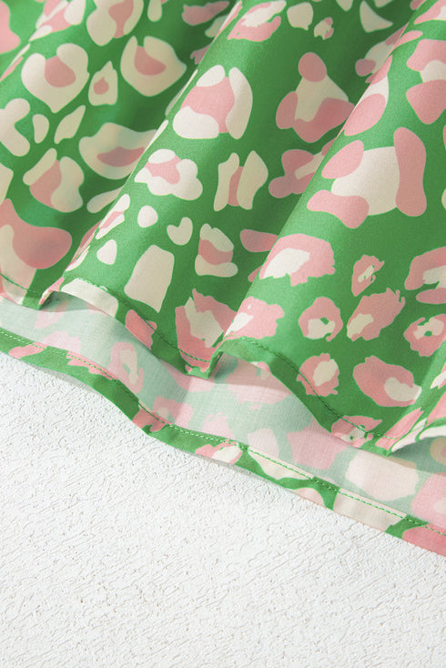 Green Plus Size Floral Tassel Tie Split Neck Puff Sleeve Blouse