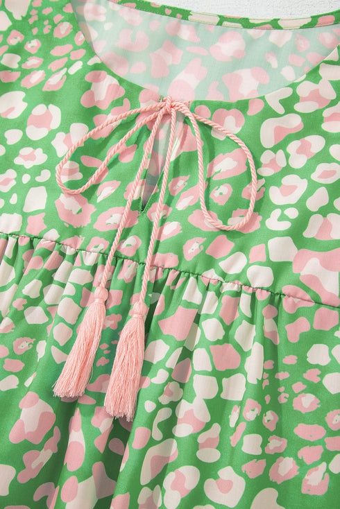 Green Plus Size Floral Tassel Tie Split Neck Puff Sleeve Blouse