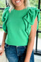 Green Ribbed Knit Puffy Ruffle Sleeve Blouse