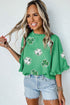 Green Sequin Clover Graphic Ruffled Trim Bell Sleeve St Patrick Blouse