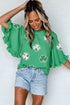 Green Sequin Clover Graphic Ruffled Trim Bell Sleeve St Patrick Blouse