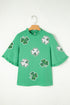 Green Sequin Clover Graphic Ruffled Trim Bell Sleeve St Patrick Blouse
