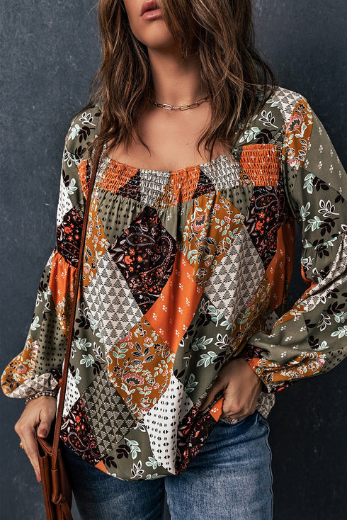 Green Square Neck Mixed Print Blouse