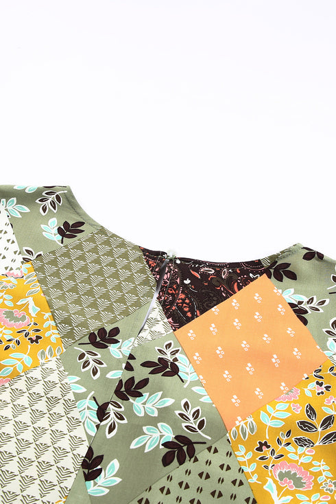Green Square Neck Mixed Print Blouse
