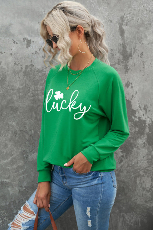 Green St. Patrick'S Day Lucky Clover Print Graphic Sweatshirt