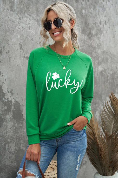 Green St. Patrick'S Day Lucky Clover Print Graphic Sweatshirt