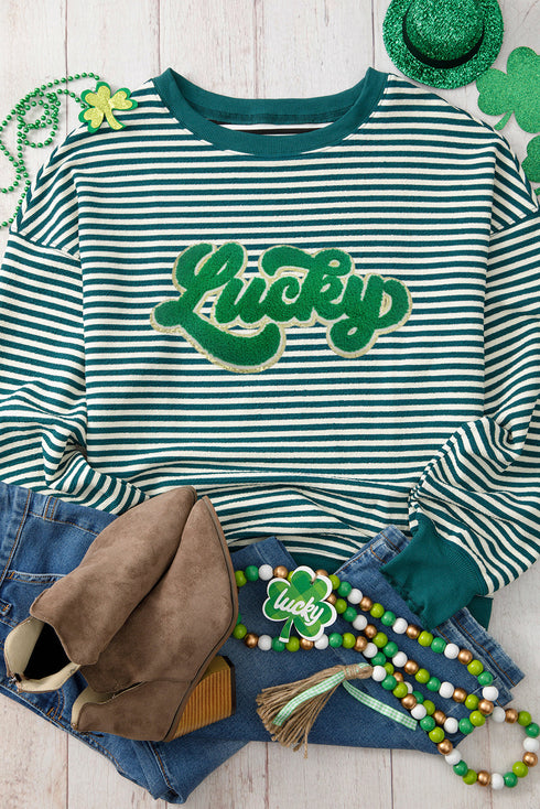 Green Stripe Chenille Lucky Letter Patched Drop Shoulder Long Sleeve Top