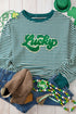 Green Stripe Chenille Lucky Letter Patched Drop Shoulder Long Sleeve Top