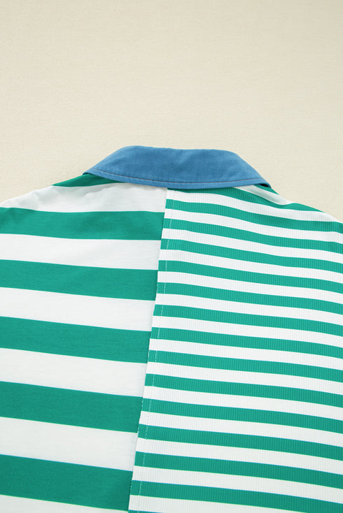 Green Stripe Colorblock Collar Half Buttons T Shirt