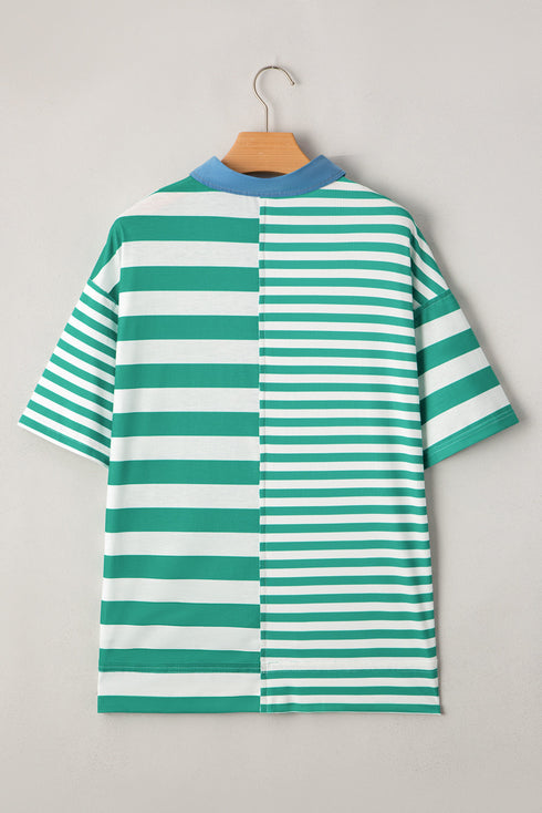 Green Stripe Colorblock Collar Half Buttons T Shirt