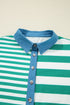 Green Stripe Colorblock Collar Half Buttons T Shirt