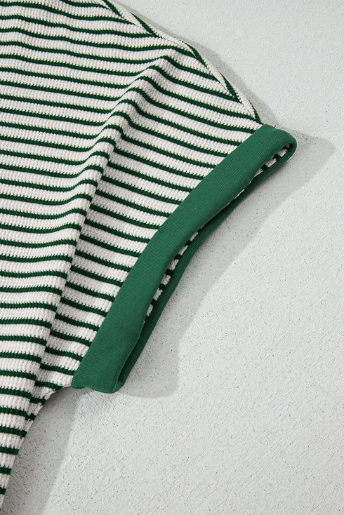 Green Stripe Trimmed Round Neck Plus Size Boxy Fit T-shirt