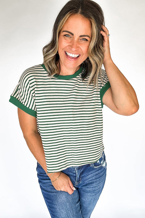 Green Stripe Trimmed Round Neck Plus Size Boxy Fit T-shirt