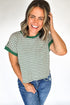 Green Stripe Trimmed Round Neck Plus Size Boxy Fit T-shirt